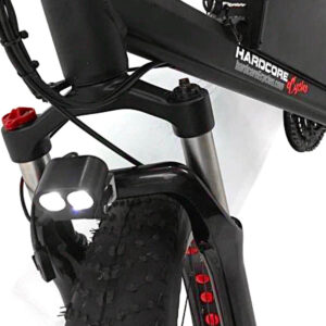 closeup of LED headlight on Hardcore eCycles electric bike