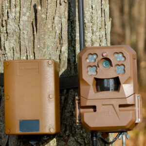 external battery pack connected to a trail cam - rechargeable lithium ion battery pack that fits all trail cameras